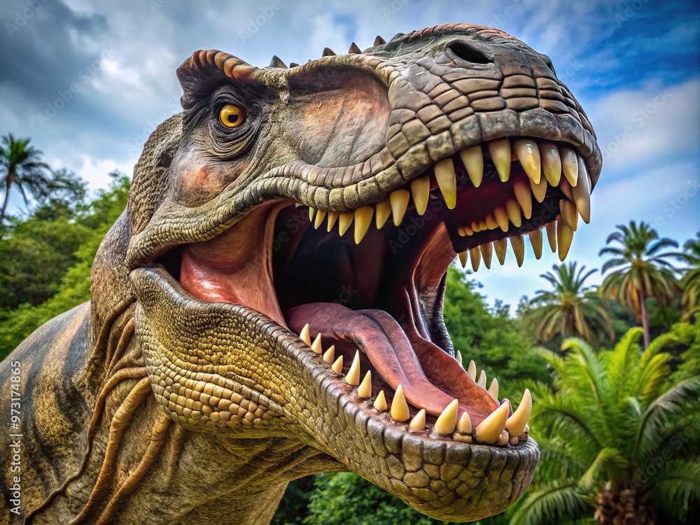 Obraz premium The Tyrannosaurus Rex's visage looms large, its razor-sharp teeth gleaming like icy stalactites and its powerful jaw flexed in a perpetual snarl, exuding dominance.