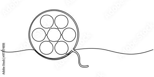 Continuous one line drawing cinema film strip. Vintage cinema element isolated on a white background. Vector illustration, One continuous line drawing of film reel with long tape. Retro old movie