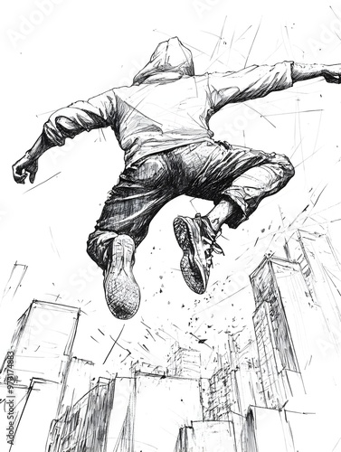 Gravity Defying Leap in the City Skyline Silhouetted Parkour Performer in Dynamic Black and White Sketch photo