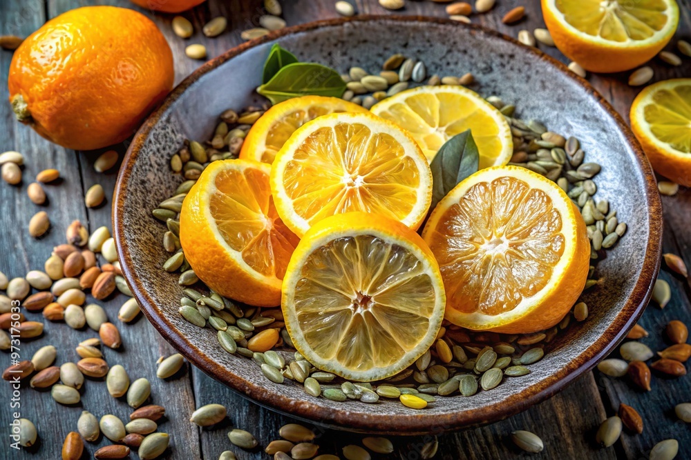 Tiny, intricate seeds of citrus past lie side by side in a worn, earthen dish, their ridged surfaces reflecting warm, golden light. Tiny, intricate seeds of citrus past lie side by side in a worn, earthen dish, their ridged surfaces reflecting warm, golden light.