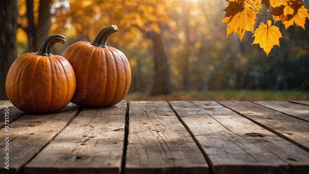 Rustic wood board table with pumpkins, leaves, and fall trees autumn background Rustic wood board table with pumpkins, leaves, and fall trees autumn background