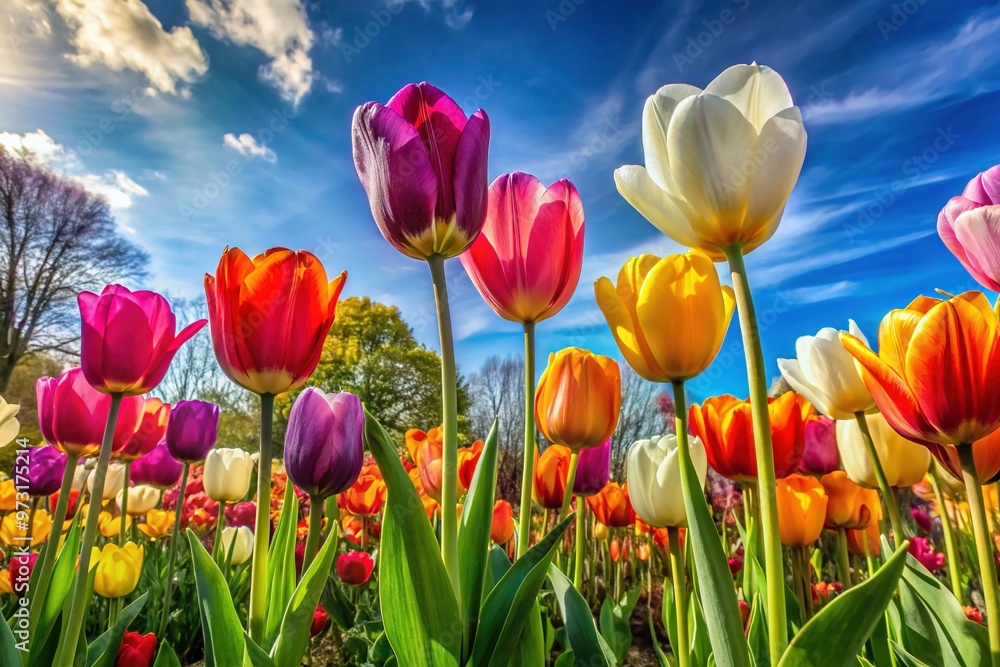 Tulips of every hue burst forth in a lush garden, their petals unfolding like tiny works of art against a brilliant blue sky. Tulips of every hue burst forth in a lush garden, their petals unfolding like tiny works of art against a brilliant blue sky.