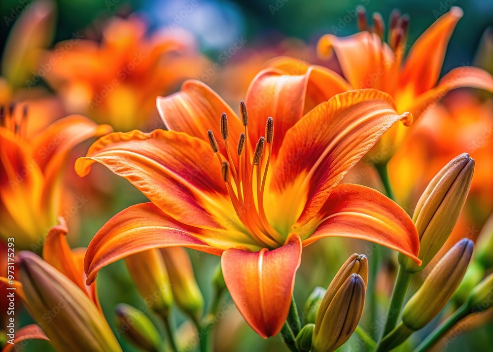 Velvety orange petals unfurl like vibrant umbrellas against a soft, hazy backdrop, exuding a sweet, heady scent that draws the eye and the senses in.