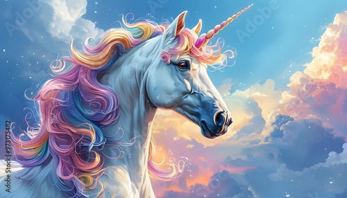 Whimsical unicorn amidst pastel rainbows and fluffy clouds under a bright blue sky