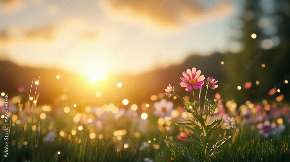 Fototapeta premium A serene meadow bursting with wildflowers, bathed in the warm glow of a setting sun.