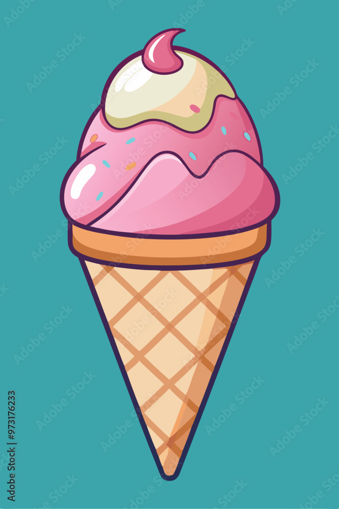 Cherry and banana icecream in waffle cone isolated color line icon. Vector sweet frozen ice-cream scoop, fastfood snack. Gelato or sundae ice cream, ice ball in wafer, cold refreshing summer dessert Cherry and banana icecream in waffle cone isolated color line icon. Vector sweet frozen ice-cream scoop, fastfood snack. Gelato or sundae ice cream, ice ball in wafer, cold refreshing summer dessert