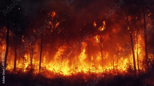 Forest fire disaster illustration, trees burning at night, wildfire nature destruction, damaged environment caused by global warming