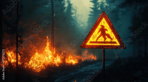 Forest fire prevention sign warning against fire hazards and urging caution in wooded areas, promoting wildfire awareness photo