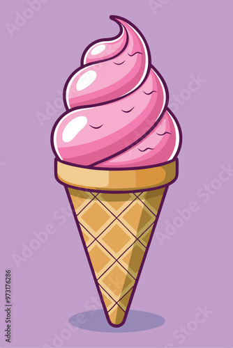 Cherry and banana icecream in waffle cone isolated color line icon. Vector sweet frozen ice-cream scoop, fastfood snack. Gelato or sundae ice cream, ice ball in wafer, cold refreshing summer dessert