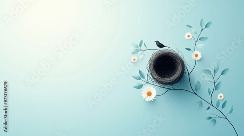 A serene illustration of a bird building its nest, highlighting the purposeful activity of its actions.