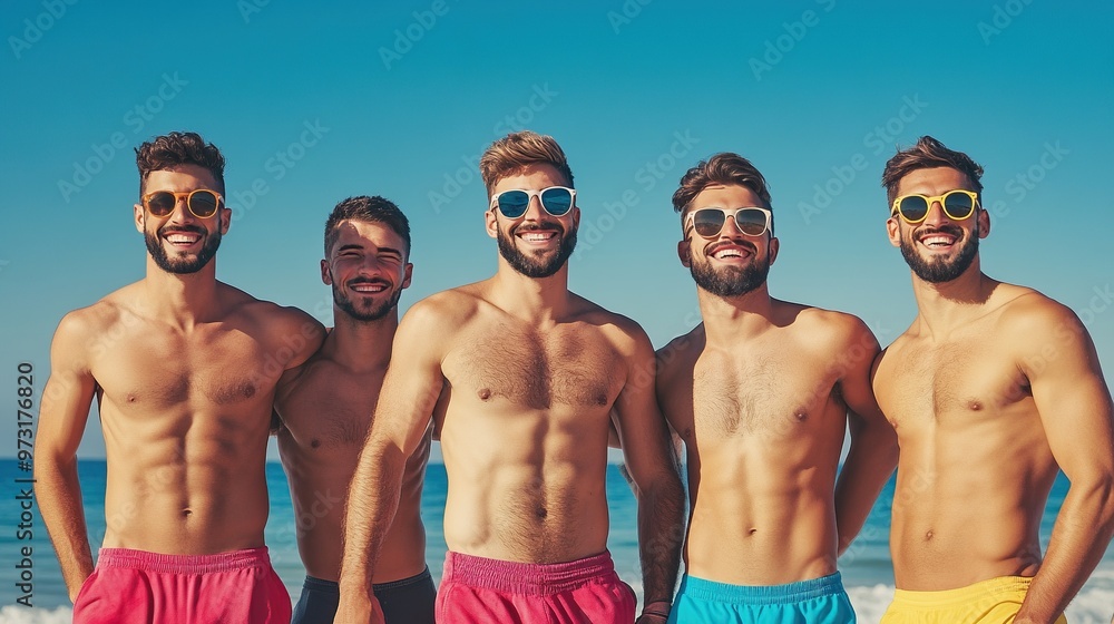 beautiful group of young men on the beach beautiful group of young men on the beach