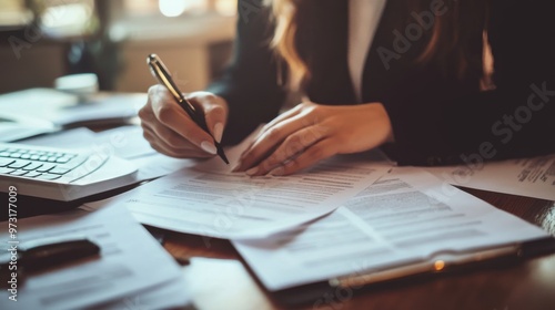 A woman is writing on a piece of paper with a pen