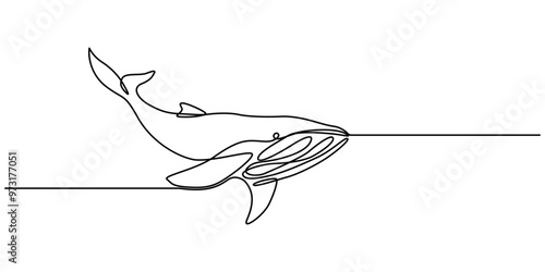 Breaching Humpback whale drawing in one continuous line, Continuous one line drawing of whale jumping. Simple illustration of humpback whale line art vector illustration, One continuous line drawing