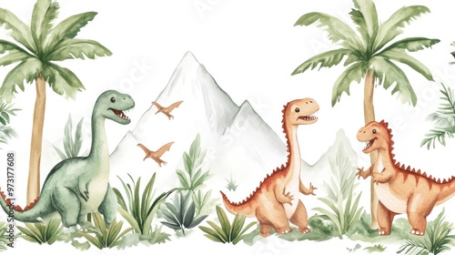 Fototapeta Naklejka Na Ścianę i Meble -  Adorable watercolor dinosaurs, palm trees, and jungle leaves for design projects.