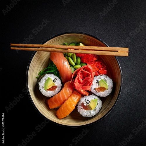 deconstructed sushi bowl with chopsticks photo