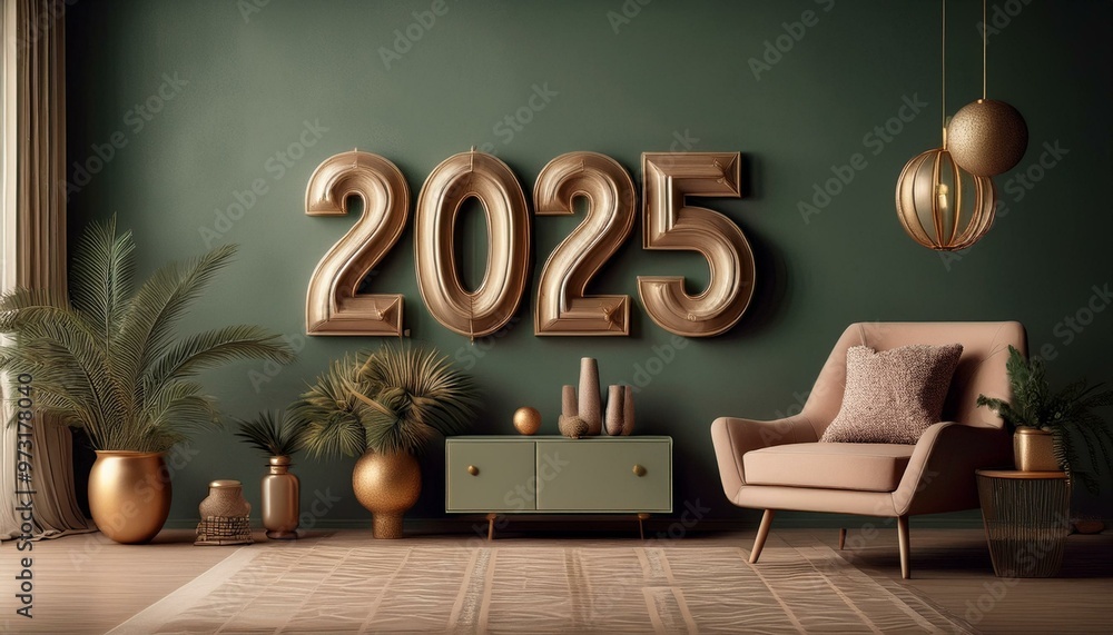 ナチュラルな木製の家具のシンプルでおしゃれな部屋に「2025」の文字が飾られている