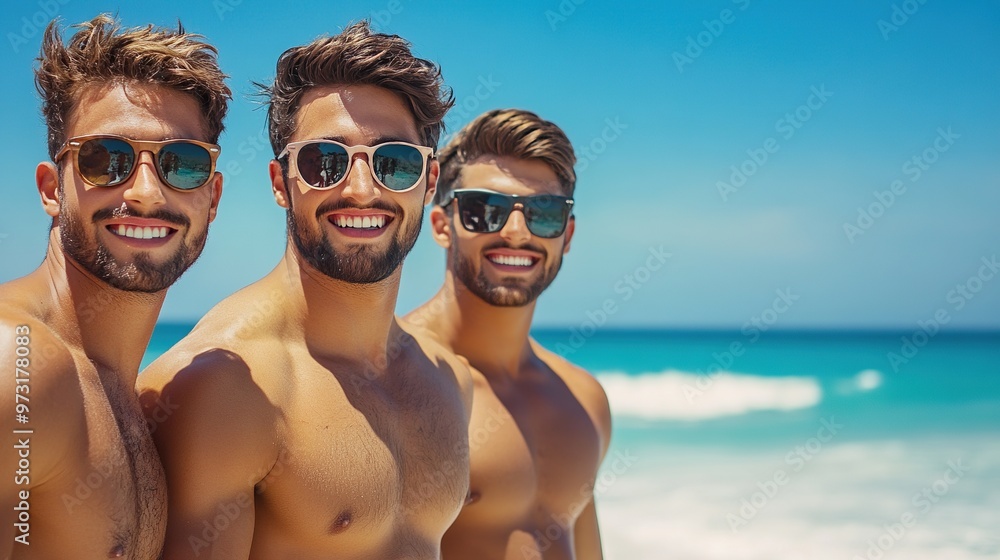 beautiful group of young men on the beach beautiful group of young men on the beach