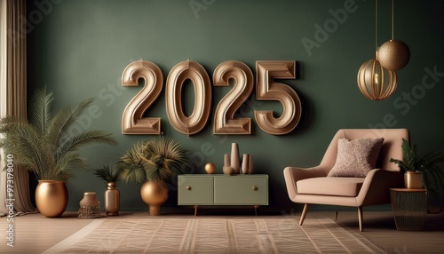 Obraz na płótnie ナチュラルな木製の家具のシンプルでおしゃれな部屋に「2025」の文字が飾られている w salonie