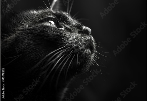 Black cat in profile on black background looking up. Close up.