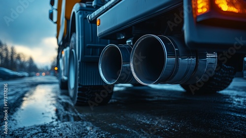 Close-up of a Semi-Truck's Exhaust Pipes on a Wet Road