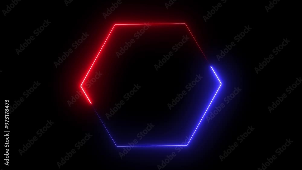 neon glowing sign hexagonal icon red blue color animation on dark night. neon glowing sign hexagonal icon red blue color animation on dark night.