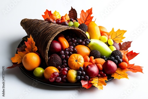 A cornucopia centerpiece, overflowing with fruits, vegetables, and autumn leaves, symbolizing the abundance of the Thanksgiving season photo