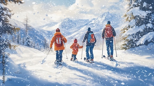  A family of four, two adults and two children, are snowshoeing through a snowy mountain range The adults are wearing bright orange jackets