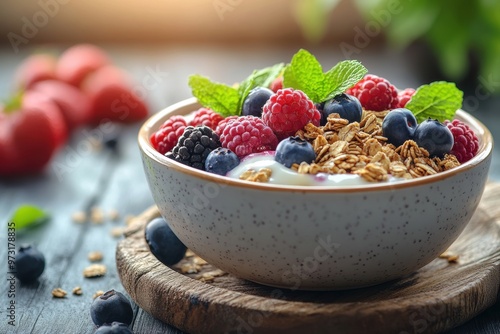 promote a balanced breakfast with granola, berries, and yogurt on a wooden table perfect for a nutritious start to the day