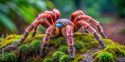 Vibrant salmon pink birdeater spider, Brazil's national tarantula, sprawls on a mossy rock, showcasing its striking coloration and impressive leg span in a misty rainforest environment. photo