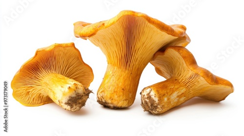 Chanterelle mushrooms displaying vibrant orange hues, showcasing their unique shape and texture against a white background