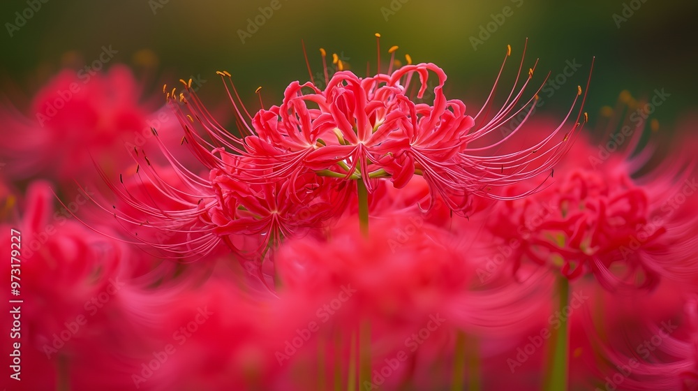 Close-up of a red spider lily flower with a blurred background of other flowers. Close-up of a red spider lily flower with a blurred background of other flowers.