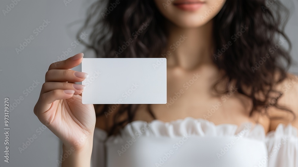 Closeup of a woman's hand holding a blank white card against a gray background. Closeup of a woman's hand holding a blank white card against a gray background.