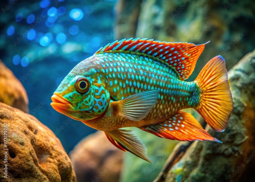 Vibrant turquoise and orange cichlid swims in front of a blurred, natural stone background, its jaguar-like patterned scales shimmering in the soft, diffused aquarium light. Vibrant turquoise and orange cichlid swims in front of a blurred, natural stone background, its jaguar-like patterned scales shimmering in the soft, diffused aquarium light.