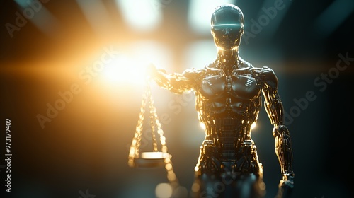 A metallic robot holding scales of justice in front of a bright light.