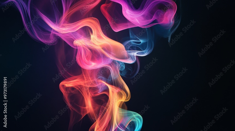 Colored smoke curls on a dark background creating an abstract shape Colored smoke curls on a dark background creating an abstract shape