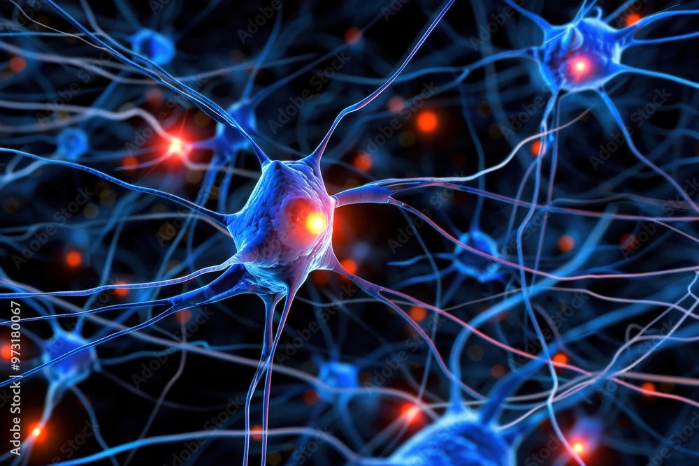 A close up of a brain with many blue and red neurons, generative ai image A close up of a brain with many blue and red neurons, generative ai image