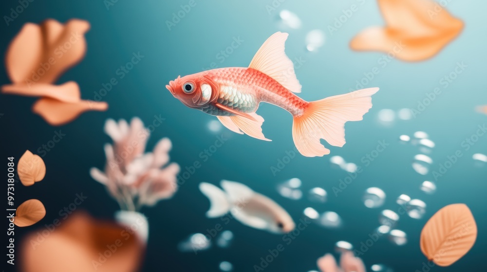 Naklejka premium A fish tank filled with water, refracting light and creating distorted reflections of the colorful, hand drawn illustrations of fish swimming around, showcasing the beauty of underwater life.