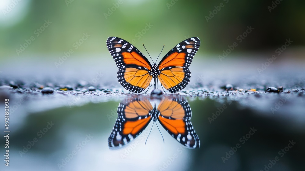 A butterfly with its wings outstretched, with the reflection in a puddle creating a symmetrical image, emphasizing the delicate beauty and symmetry of the creature. A butterfly with its wings outstretched, with the reflection in a puddle creating a symmetrical image, emphasizing the delicate beauty and symmetry of the creature.