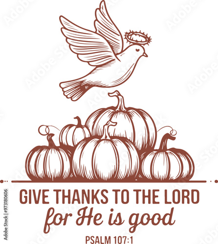 Christian Fall – Psalm 107:1 Dove Flying Over Autumn Pumpkins With Faith-Inspired Gratitude Quote