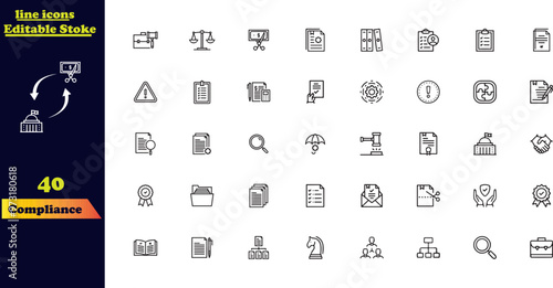 Compliance Stroke Icon Collection. This set includes icons featuring a checklist on a clipboard with checkmarks, documents, and other compliance-related elements, all in a clean line style.