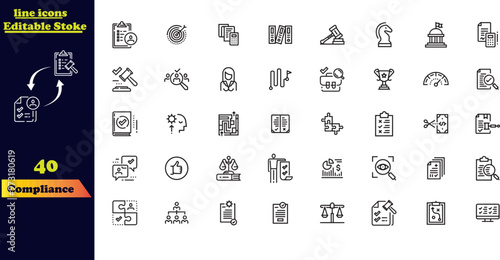 Compliance Stroke Icon Collection. This set includes icons featuring a checklist on a clipboard with checkmarks, documents, and other compliance-related elements, all in a clean line style.