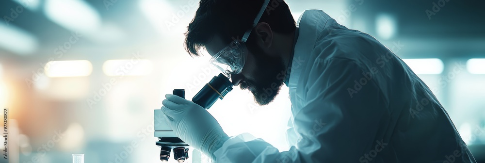 Scientist in protective glasses working with a microscope in a laboratory. Represents virus analysis and research Scientist in protective glasses working with a microscope in a laboratory. Represents virus analysis and research
