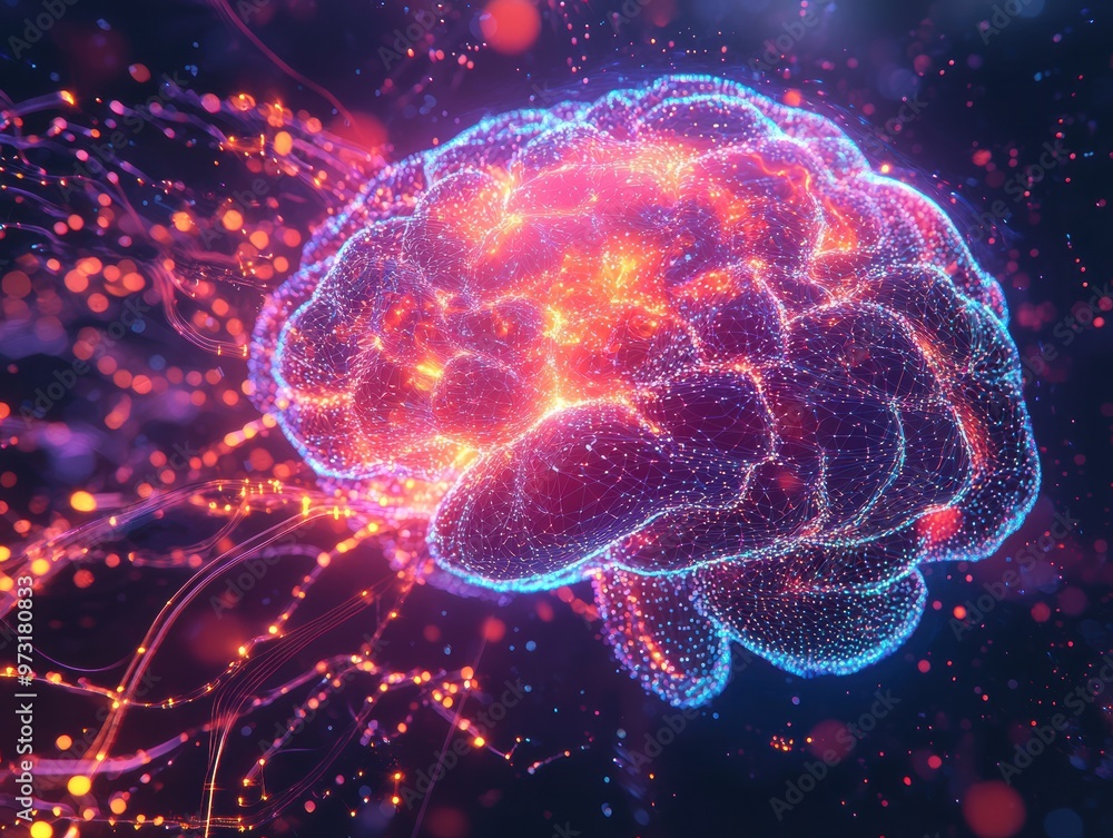 A brain with a red and blue glow A brain with a red and blue glow