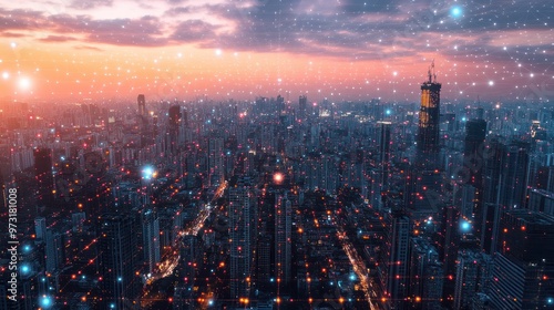 Wallpaper Mural Modern city landscape showing dots and line representing high-speed internet, cloud data storage, computing, global market, global network - AI Generated Torontodigital.ca