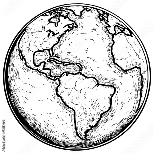 Earth globe sketch, in black, isolated 