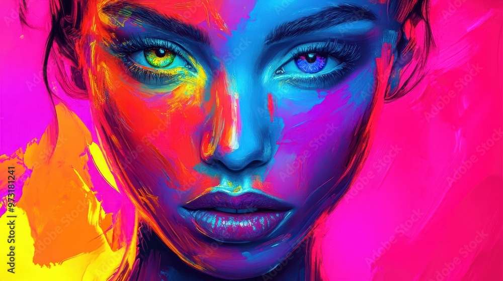 Neon Woman Face Art on Vibrant Neon Background, colorful, neon colors, abstract, portrait Neon Woman Face Art on Vibrant Neon Background, colorful, neon colors, abstract, portrait