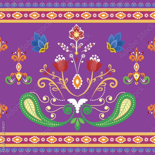 Floral artistic image of flower border,textile border seamless pattern ,in the style of mughal miniature paintings,whimsical brushstrokes, indian chintz textile border design, shades of earthy