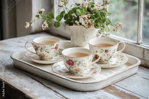 vintage teacups and saucers with floral motifs on a rustic tray evoke a shabby chic vibe, ideal for a cozy tea nook at home