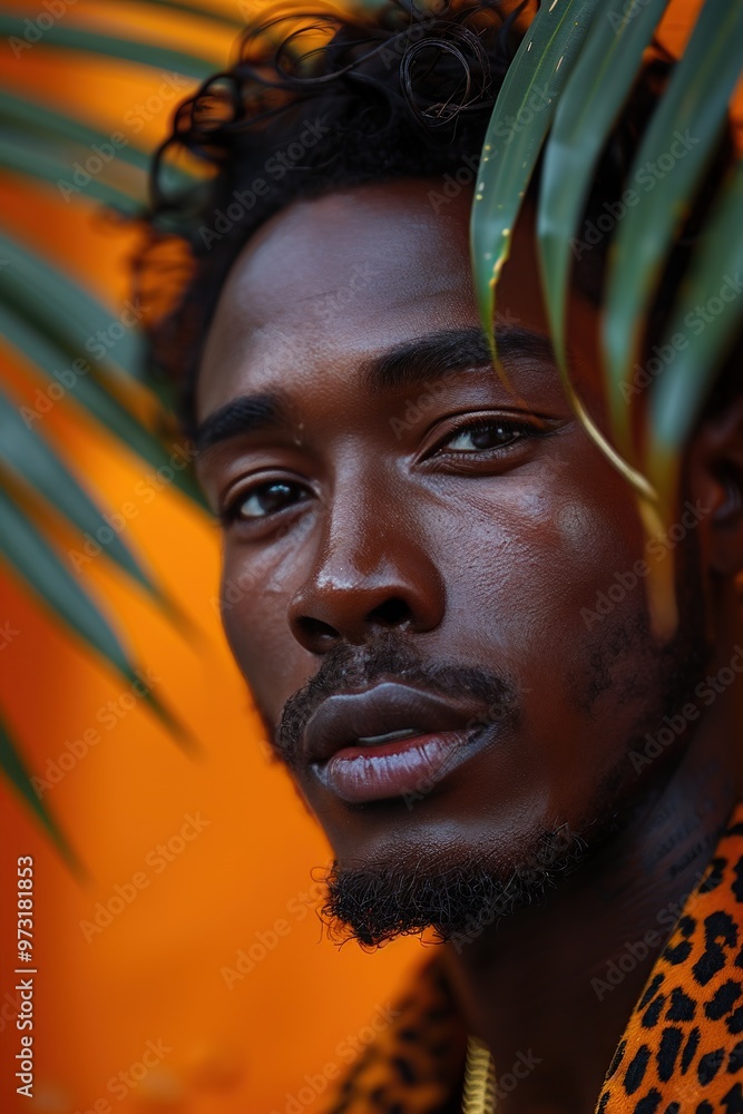 Cyberpunk lighting for a close-up portrait of a young black man, with a front-facing angle, blending half his face with a bold leopard print pattern Cyberpunk lighting for a close-up portrait of a young black man, with a front-facing angle, blending half his face with a bold leopard print pattern