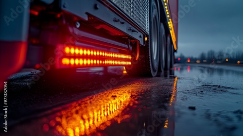 Red Tail Lights of a Truck Reflecting in Wet Pavement photo